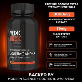 The Vedic Medic Organic Ashwagandha Capsules Extra Strength 3000mg with Black Pepper Extract - Stress Relief, Mood Enhancer, Energy Support - Non-GMO, Vegan, Gluten Free (120)