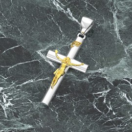 US Jewels Ladies Domed 35mm 925 Sterling Silver with 14k Yellow Gold Crucifix Cross Pendant