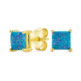 Simple Classic Green Blue Opulence Gemstone Created Opal Square Princess Cut Stud Earrings 14K Yellow Gold Plated .925 Sterling Silver 5MM October Birthstone
