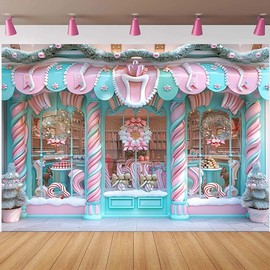 Christmas Candy House Photography Backdrop Pink Candy Shop Window Snow Christmas Tree Background Family Holiday New Year Party Decor Christmas Party Kid Birthday Background (7X5FT)