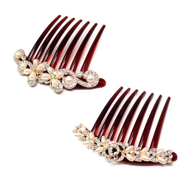 Honbay 2PCS 7 Teeth Hair Side Combs Pearl Crystal Rhinestone Floral Twist Combs Rhinestone Flower Hairpin Decorative Hair Combs Accessories for Women (2 Style)