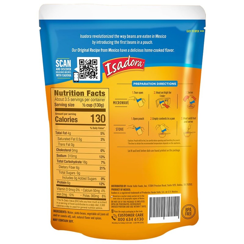 Isadora Original Refried Beans in Pouch (Pack of 8), Delicious