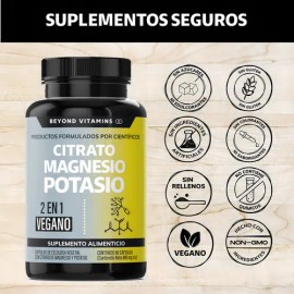 Citrato de Magnesio + Citrato Potasio | Platano en Polvo, Curcuma (curcumina) y Arroz | Magnesio Complex Vegano | Citrate Magnesium + Potassium Citrate - Vitaminas Mujer / Hombre - 60 cápsulas