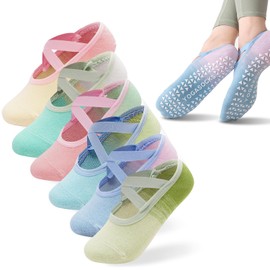 6 Pairs Pilates Socks, Size 3-6 Uk Non Slip Yoga Socks, Grippy Sock with Non-Slip Grips & Straps, Gradient Color Pilates Sock for Women, for Yoga, Barre, Ballet, Dance, Barefoot Workout Gym
