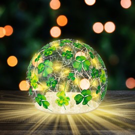 St Patrick's Day Decorations Lighted Glass Ball Tabletop Decor Crackle LED Glass Orb Night Light with Clover Pattern Sphere Table Lamp for Indoor Living Room Bedroom Office Table Decor Festival Gift