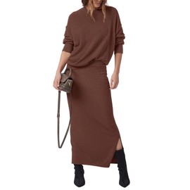 PRETTYGARDEN Women's Two Piece Matching Sweater Sets Knit Long Sleeve Pullover Tops Bodycon Long Maxi Skirts Fall Outfits (Coffee,Large)