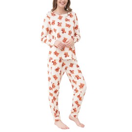 EASWEET Bamboo Viscose Jogger Pajama Set for Women Long Sleeve Super Soft Sleep Set Comfy Pjs Sets,Teddy Bear,Small