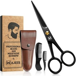 Tijeras para barba y bigote, kit de aseo de acero inoxidable de 5 pulgadas con estuche | Professional facial hair & beard trimming shear. Trims mousta