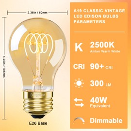 BLINGCOLOR A19 Vintage LED Edison Light Bulbs 40 Watt, 4-Pack Dimmable A19 4W LED 2500K Warm White Light Bulbs, E26 Base, 4W Equal 40 Watt Incandescent Bulbs, Decorative Antique A19 Bulb, 300LM
