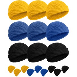 SATINIOR Winter Short Fisherman Beanie Hat Trawler Beanie Watch Hat Edge Skullcap for Men (Yellow, Black, Blue, 9 Pieces)