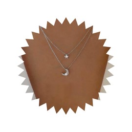 Cybche Boho Layered Rhinestone Star Moon Necklace Vintage Star Moon Pendant Necklace Silver Crystal Star Choker Necklace Paved Cz Star Necklace Chain Jewelry for Women