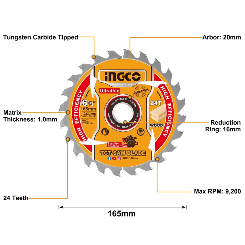 INGCO 2-Pack 165mm Ultra-thin TCT Saw Blade Set 24T, 20mm