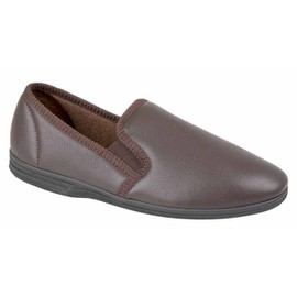 Mens New Boxed Slip On Faux Leather Twin Gusset Slippers Shoes Size 6-14 - Brown - UK 8