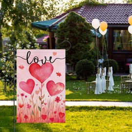 Heyfibro Valentine's Day Garden Flag 12 x 18 Inch Double Sided Burlap, Love Heart Flower Pattern Yard Flag Valentine’s Day Party Supplies for Anniversary Wedding Home Outdoor Decoration (ONLY FLAG)