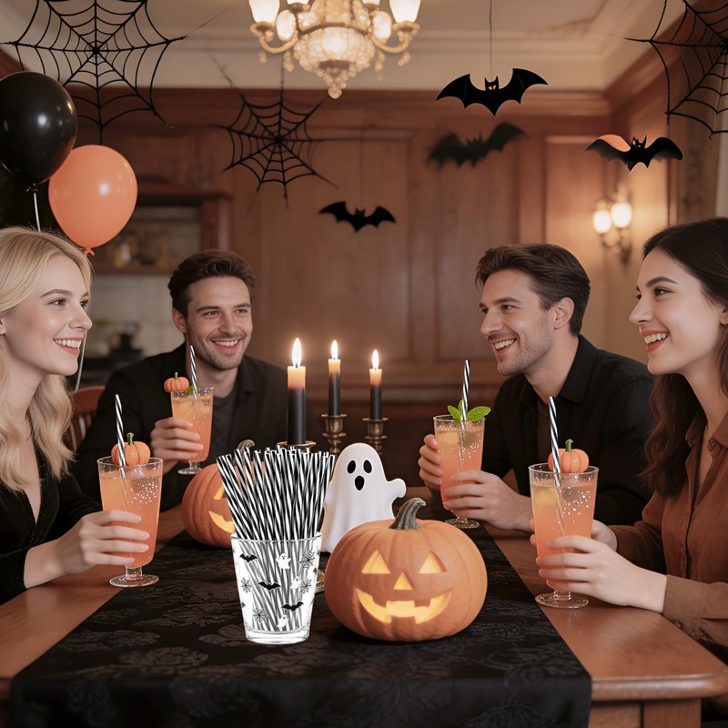 Reusable 30 Black White Striped Straws for Graduation Party,Halloween Favor