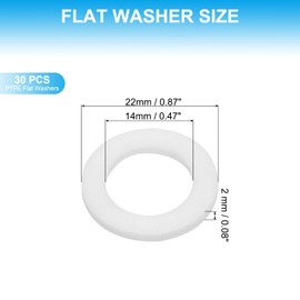 PATIKIL 30 Pcs PTFE Flat Washers 0.55 ID x 0.87" OD x 0.08" Thickness Sealing Spacer Flange Gasket for Machines Pipe Valves Oil Gas Industries, White (14x22x2mm)