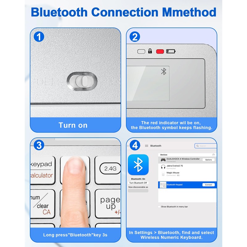 Pubiohs 34-Key Wireless Numeric Keypad with Calculator - Bluetooth and