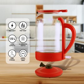 OVENTE Electric Kettle with 1.5L Borosilicate Glass, 1500W Fast Boiling Water Heater for Coffee or Tea, Easy to Fill Lid, Auto Shut-Off, Boil-Dry Protection & Stainless Steel Filter, Red KG516R