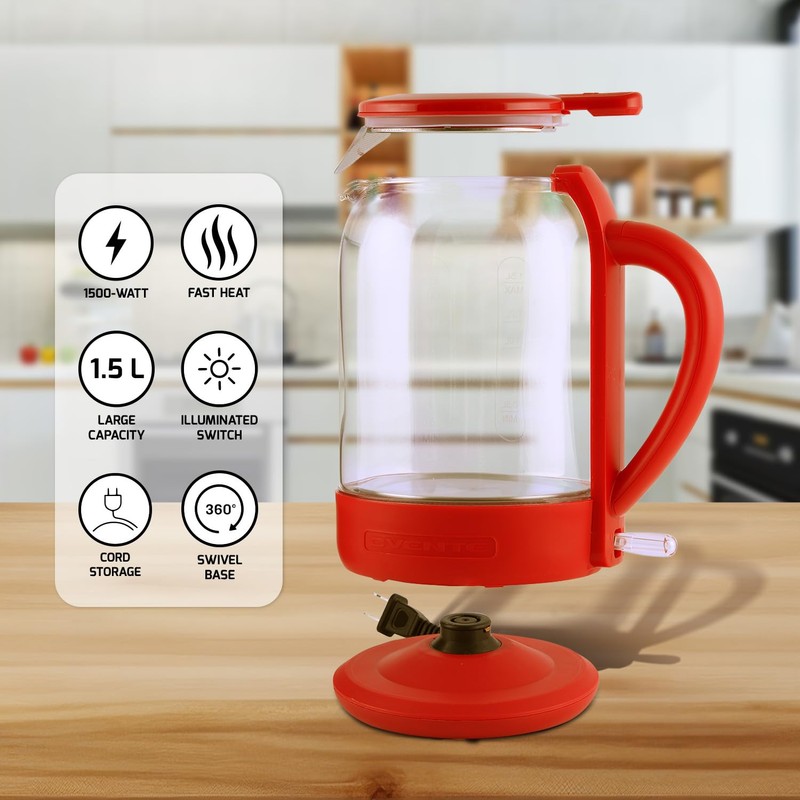 OVENTE Electric Kettle with 1.5L Borosilicate Glass, 1500W Fast Boiling