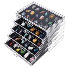 Dmnnlp Rock Display Case, 5 Drawers 90 Grids Acrylic Rock Collection Box, Storage Cases for Small Rocks Gemstone Fossil Crystal Stone Jewellery Collectibles (Black)