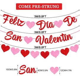 JKQ Glittery Feliz Dia De San Valentin Banner with Heart Red Pink Happy Valentine’s Day Banner Valentines Day Feliz Dia De San Valentin Party Fireplace Mantle Decorations Supplies