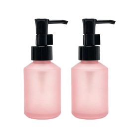 2 Pack 2oz Empty Matt Pink Glass Pump Bottles, Refillable Lotion Dispenser