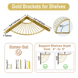 Z Metnal Small Decorative Shelf Brackets, 6 inch Brass Metal Shelves Bracket, Wall Decor, Modern Shelving Bracket for DIY Floating Shelves,Gold,2 Pcs