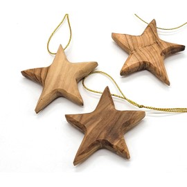 Handcrafted Olive Wood Star Ornaments for Christmas - Set of 3 Artisanal 2.56" x 2.76" Tree Decorations, Rustic Eco-Friendly Holiday Decor, Festive Wooden Accents for Seasonal Charm