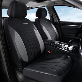 Coverado Seat Covers for Car 2 Seats, Leather Car Seat Covers Fullset, Breathable Mesh Front and Rear Protectors, Grey Luxury Automotive Covers, Universal Fit for SUV, Truck, Sedan
