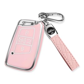 MILD EAST for Volkswagen Key Fob Cover with Keychain, Soft TPU Car Key Shell Case Holder for Atlas Golf Alltrack Atlas Jetta Passat Arteon Tiguan Smart 4 Button Remote Accessories, Pink