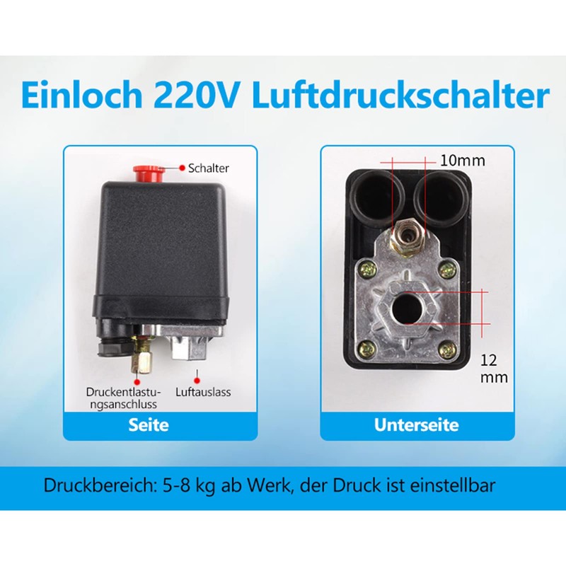 Pressure Switch Compressor, Pressure Switch Control Valve, 72.5-175PSI 220V, Single