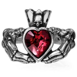 Ro Rox Alchemy England Claddagh by Night Ring Irish Blood Red Heart Skull Crown Gothic, Silver, T