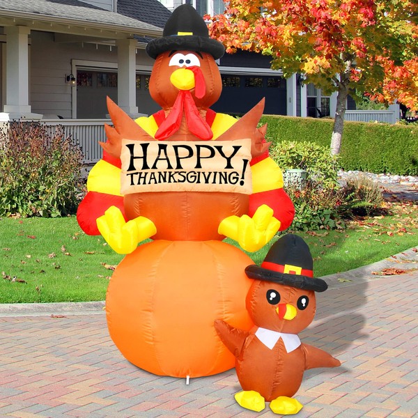 GOOSH 6 FT Height Thanksgiving Inflatables Turkey on Pumpkin & Little Turkey Blow Up Yard Decoration Clearance with LED Lights Built-in for Halloween Holiday Party Yard Garden