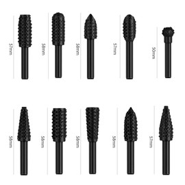 Pack of 10 Wood Rasp Rasp Set High-Speed Steel HSS Burrs with Diameter 7 mm Shank, Drill Shank Tool Wood Carving Drill Bit Set DIY Woodworking, Engraving and Drilling