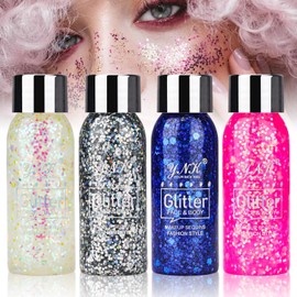 Fyihoxi 4 Bottle Body Glitter Gel, Festival Glitter Face, Chunky Sequins Glitter Gel, Carnival Make-Up Glitter for Face Nails Eyes Lips Hair Body Party Decoration Long Lasting