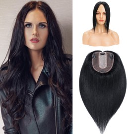 Hairro Black Hair Toppers Clip in Human Hair Topper for Women 10x12cm Large Silk Base 100% Real Remy Human Hair Realistic Hairpiece Cover Grey White Thinning Hair 12 inch Jet Black