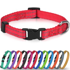 Joytale Puppy Collar, Feather-Light Double-Sided Reflective Nylon Collar for Night Safety, Adjustable Quick-Release for Extra Small Dogs, Red, XS (3/8" Width)