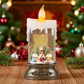 Lasumora Christmas Snow Globe Candle with Timer & Music, Snowy Cabin Scene, Swirling Glittering Candle Shaped Snow Lantern, USB/Battery Operated Lighted Lantern for Christmas Decoration