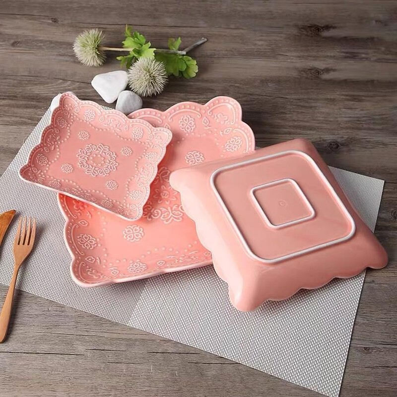 YBK Tech Elegant Square Embossed Lace Plate, Ceramic Serving Plate