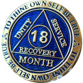 18 Month AA Medallion Reflex Blue Color Gold Plated Sobriety Chip Serenity Prayer Back