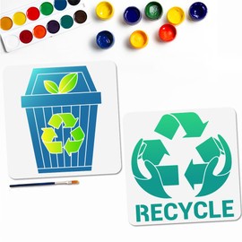 MAYJOYDIY Pack of 2 Dustbin Recycling Sign Painting Stencil Environmental Protection Stencil 30 x 30 cm with Brush Reusable Recycling Logo Template for Wood Walls Window DIY Work