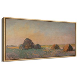 SIGNFORD Extra Large Framed Canvas Print Wall Art Idyllic Haystacks in Field at Sunset Illustrations Modern Art Calm Warm for Living Room, Bedroom, Office - 60"x30"