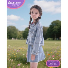 WELAKEN Girls Denim Jacket Button Front Cropped Jean Jacket Coat with Sleeve Pocket, Blue, 12Y