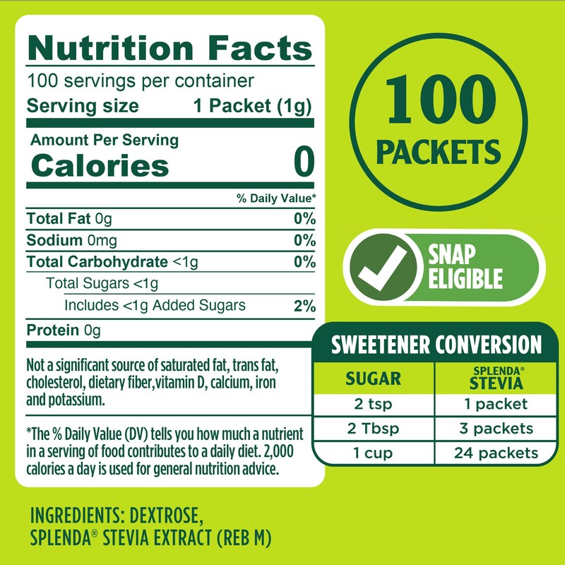 SPLENDA Stevia Zero Calorie Sweetener, Sugar Substitute Packets, 100 Count
