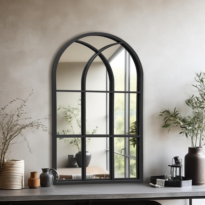 Dewfig Arched Window Wall Mirror, 30"x20" Window Pane Mirrors, Vanity