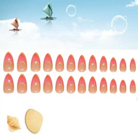 TBRZTR French Tip Press on Nails Almond Shaped Medium False Nails with Gold Lines Design Glossy Acrylic Nails French Smudge Glue on Nails Full Cover Coffin Nails Reusable Stick on Nails for Women