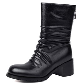 XIANGZU Mid Calf Boot for Women Low Chunky Block Heel Boots Round Toe Slouch Boots (8, Black)