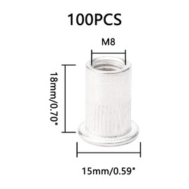 Rowiz 100 PCS M8 8mm Flat Head Aluminum Rivet Nut Blind Insert Nut Knurled Steel Head Nutserts Assortment with Internal Threads, Silver