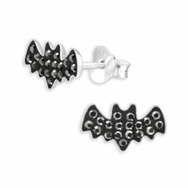 Monkimau Children's Bat Stud Earrings Made of 925 Sterling Silver with 38 Crystals, Hypoallergenic & Lightweight Earrings Girls Gift Jewellery, Silver, Crystal