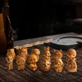 Luwecf 12Pcs Wood Carving Animal Statue Feng Shui Chinese Animal Sculptures Chinese DIY Craft Ornament